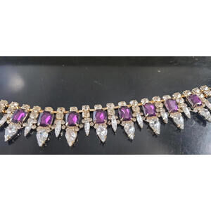 Purple Stone Statement Necklace Gold Chain Clear Accents Bold Fashion Jewelry